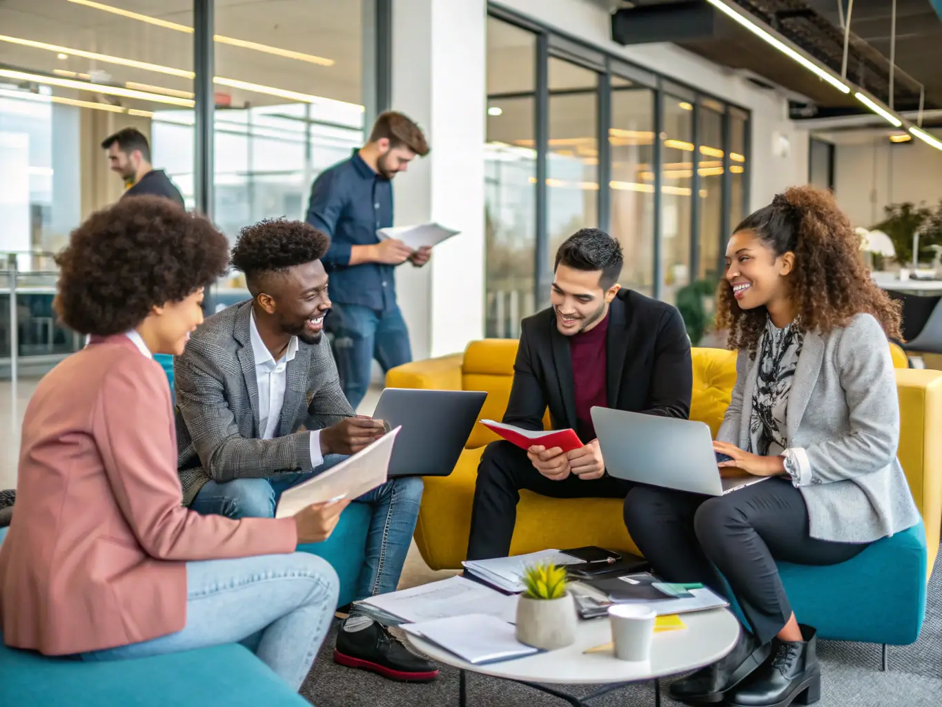 A photograph featuring Italian and Chinese entrepreneurs collaborating on a project in a modern co-working space, surrounded by design prototypes and digital displays, symbolizing innovation and partnership.
