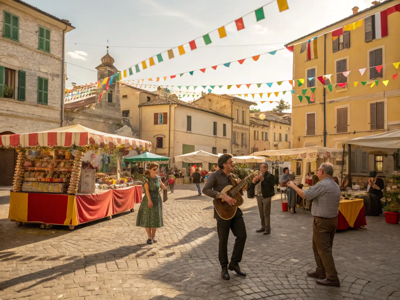 A photograph showcasing a joint performance by Italian and Chinese musicians during a cultural festival, with traditional instruments and costumes, set against the backdrop of a historical landmark.