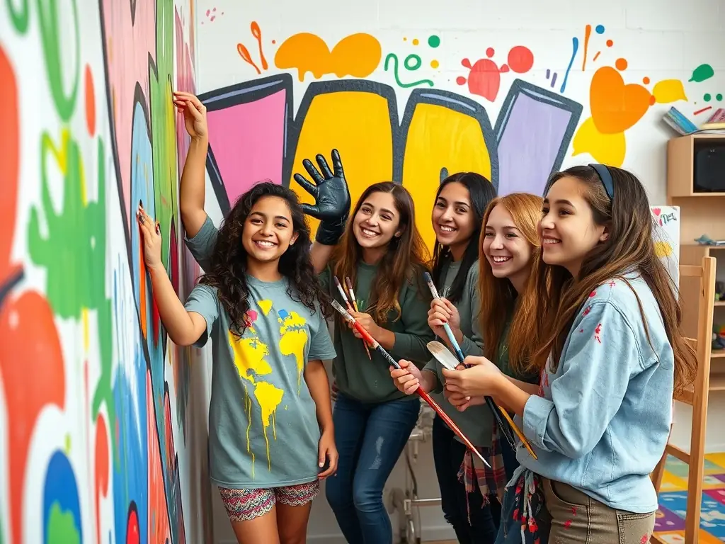 A photograph capturing a group of Italian and Chinese students participating in a collaborative art workshop, painting a mural that blends elements of both cultures, set in a vibrant studio environment.